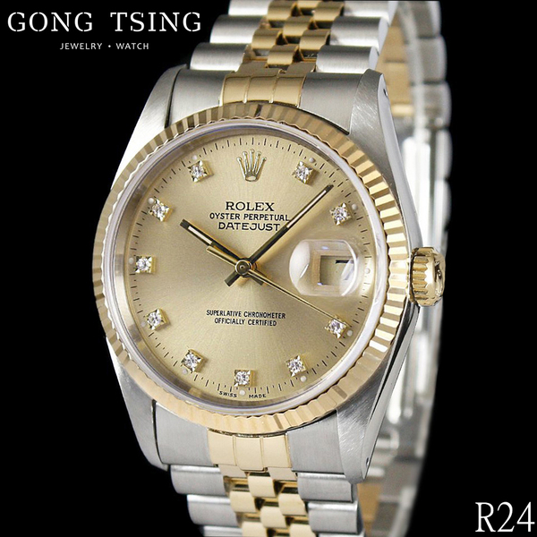 勞力士男錶     ROLEX 16233 金色十鑽面盤 36MM 半金男錶 五株錶帶